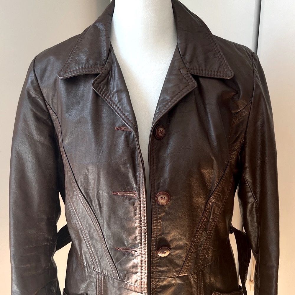 70s Cognac Leather Coat - Picture 5 of 8